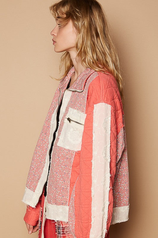 POL Floral Patchwork Zip Up Jacket In Coral