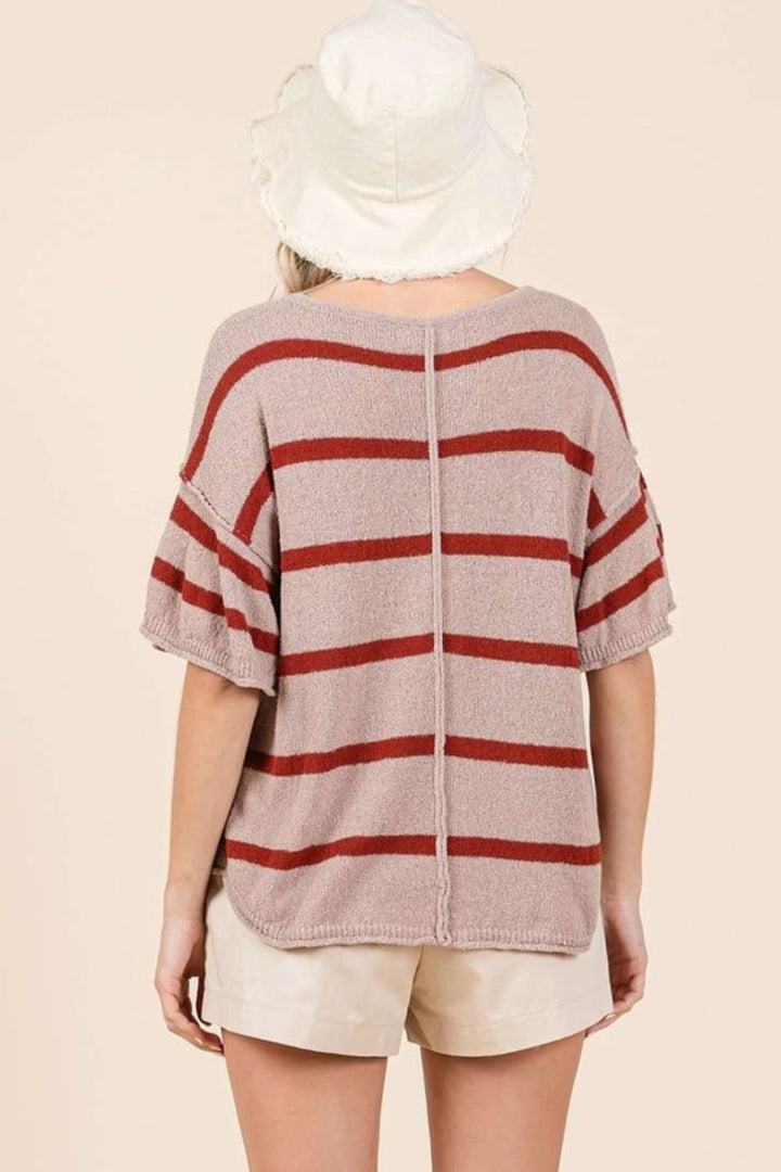 Mittoshop Striped Flounce Sleeve Knit Top In Mocha