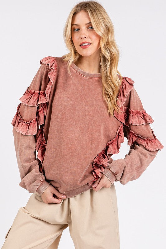 Mittoshop Ruffled Mineral Washed Sweatshirt In Antique Rose