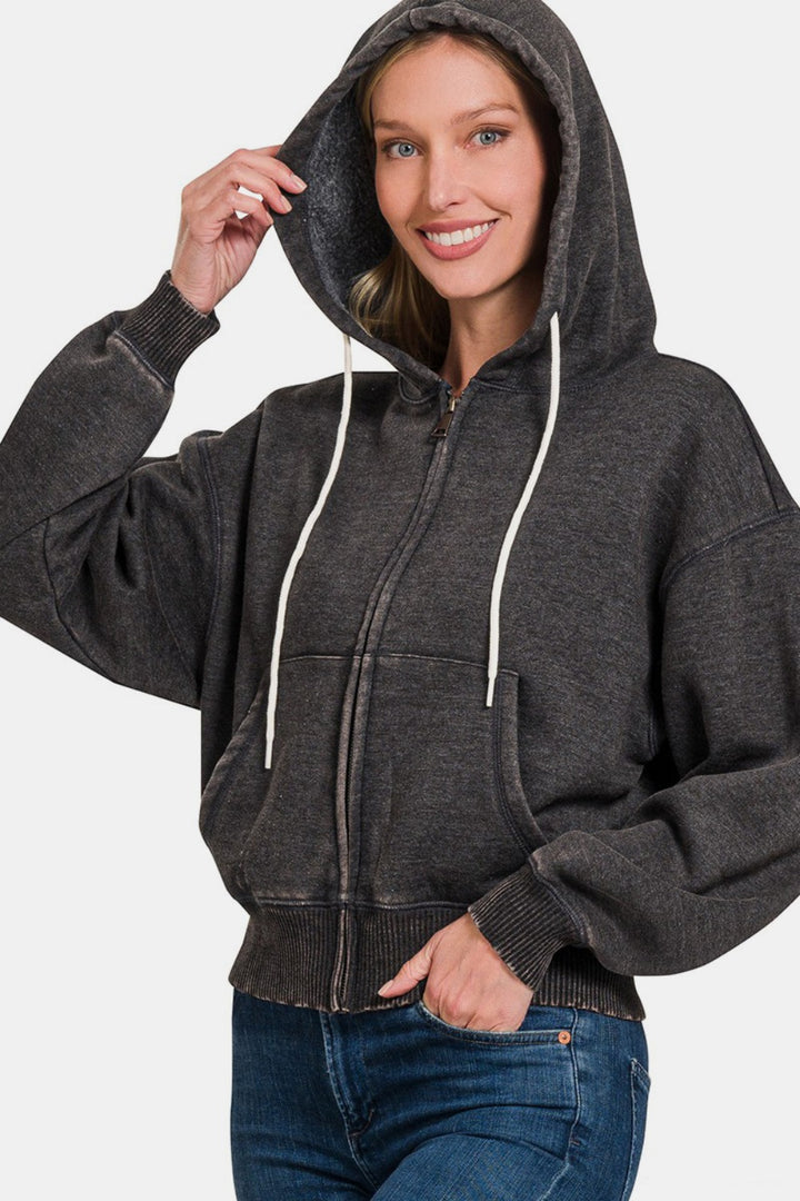 Zenana Acid Wash Fleece Zip-Up Cropped Hoodie In Black