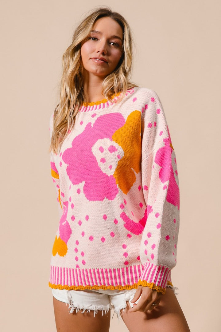 BiBi Flower Pattern Contrast Sweater In Pink