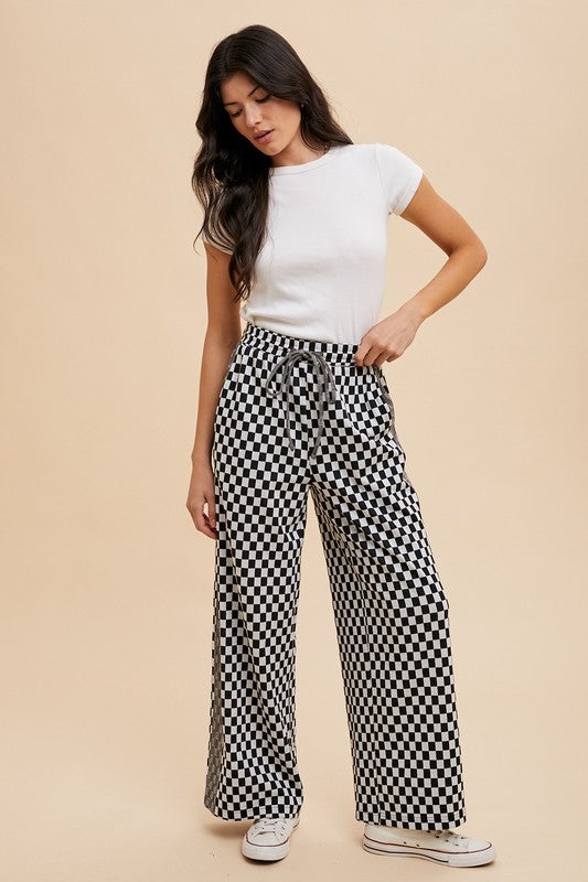 Annie Wear Drawstring Checkered Wide Leg Pants In Black