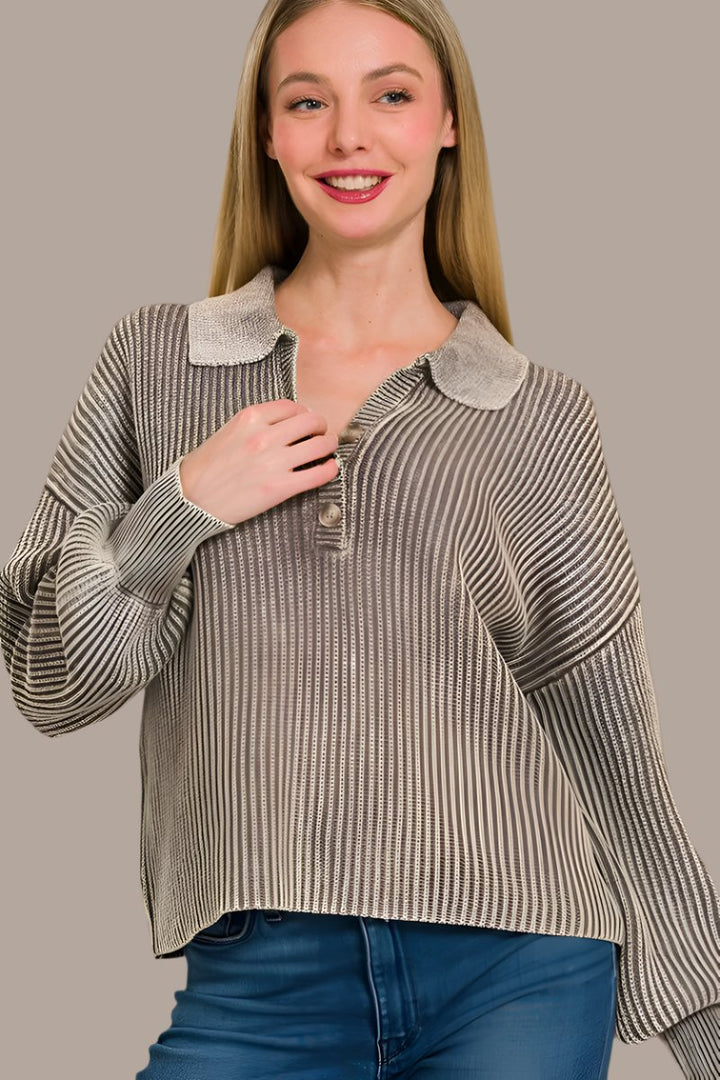 Zenana Washed Half Button Sweater In Mocha