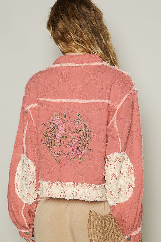 POL Crochet Patch Embroidered Button Up Jacket In Pink