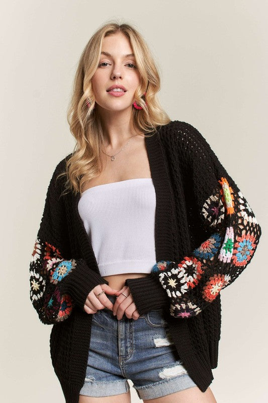 ADORA Crochet Open Front Cardigan In Black