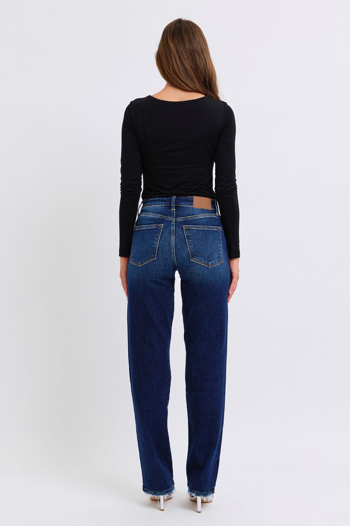 Judy Blue Jacqueline Mid Rise Frayed Hem Straight Leg Jean