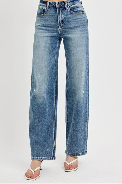 RISEN Distressed Wide Leg Jeans In Medium Wash