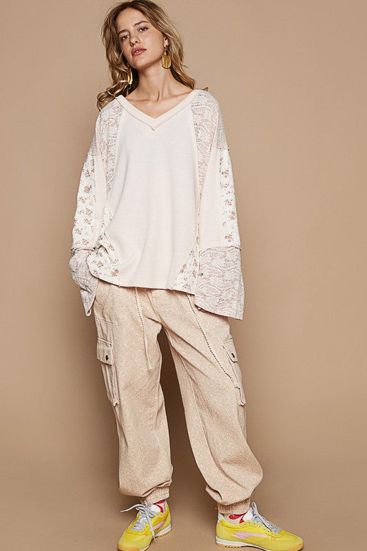 POL Lace Floral Knit Top In Eggshell