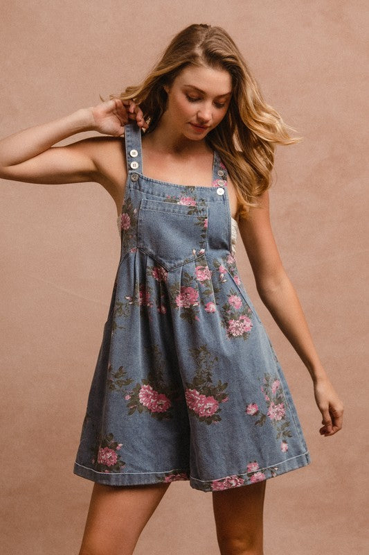 BiBi Flower Printed Wide Strap Denim Overalls In Dark Wash