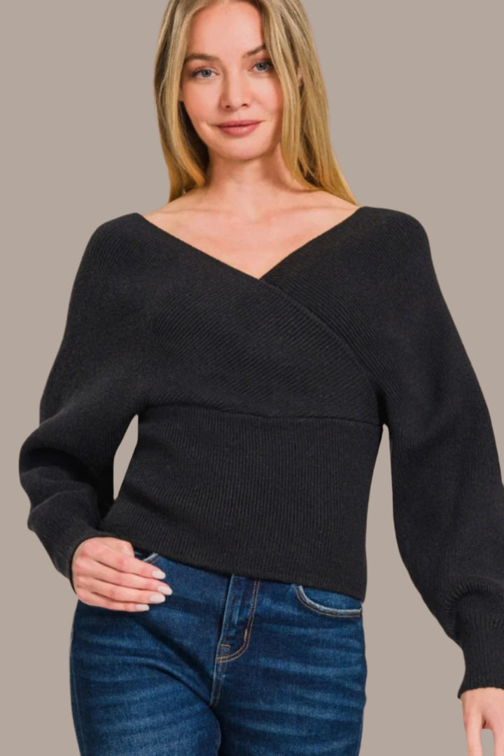 Zenana Cross Wrap Rib Sweater In Black