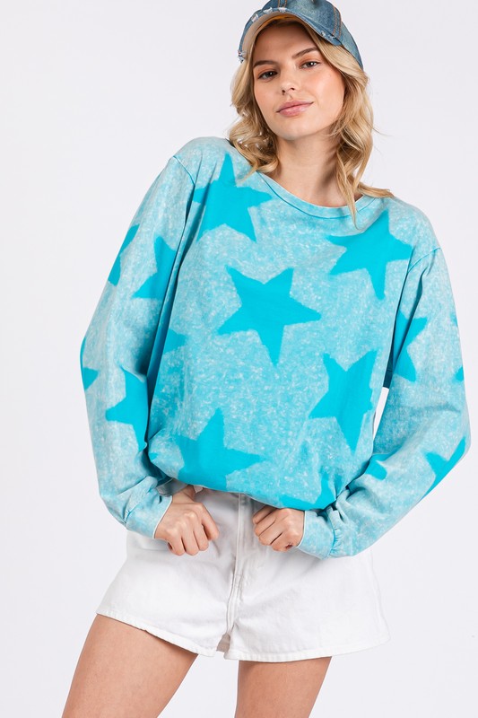 SAGE + FIG Mineral Wash Star Pattern T-Shirt  In Aqua