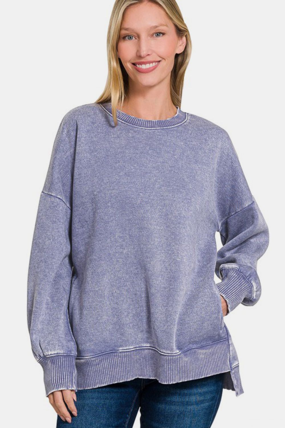 Zenana High-Low Acid Wash Fleece Sweatshirt In Mauve