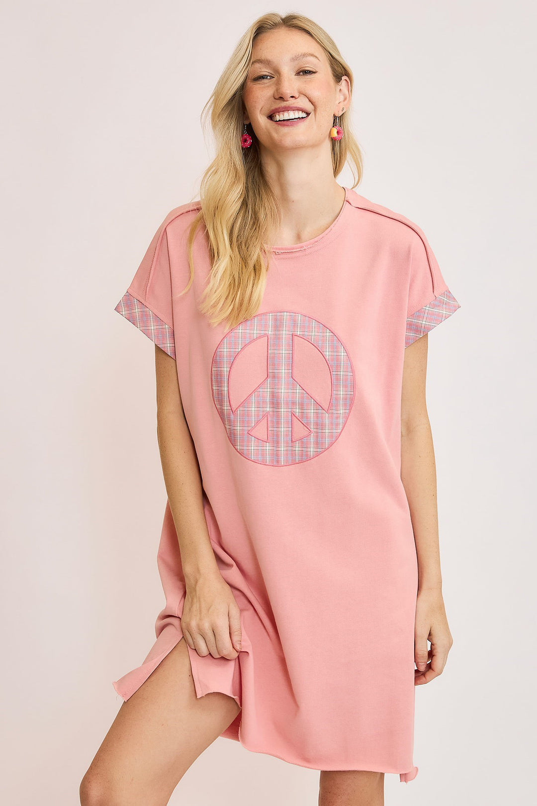 Umgee Peace Plaid Applique Mini Dress In Pink