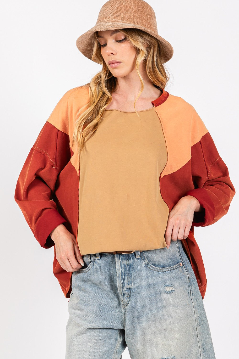 SAGE + FIG Mineral Wash Color Block Top In Toast