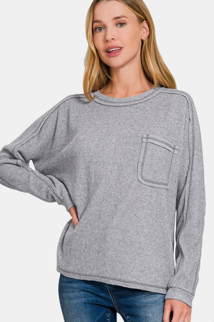 Zenana Brushed Ribbed Hacci Knit Top In Gray