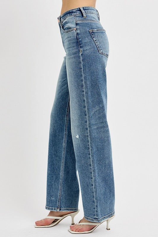 RISEN Distressed Wide Leg Jeans In Medium Wash