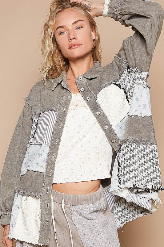 POL Raw Hem Patchwork Jacket In Charcoal