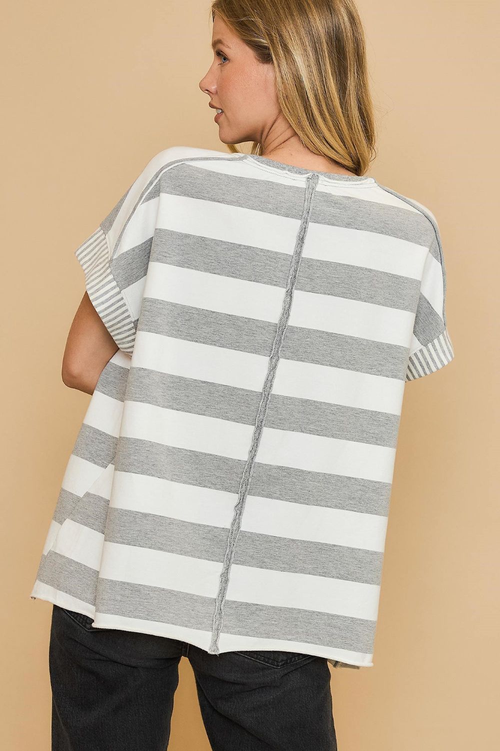 Umgee Peace Sign Patch Striped Top In Gray