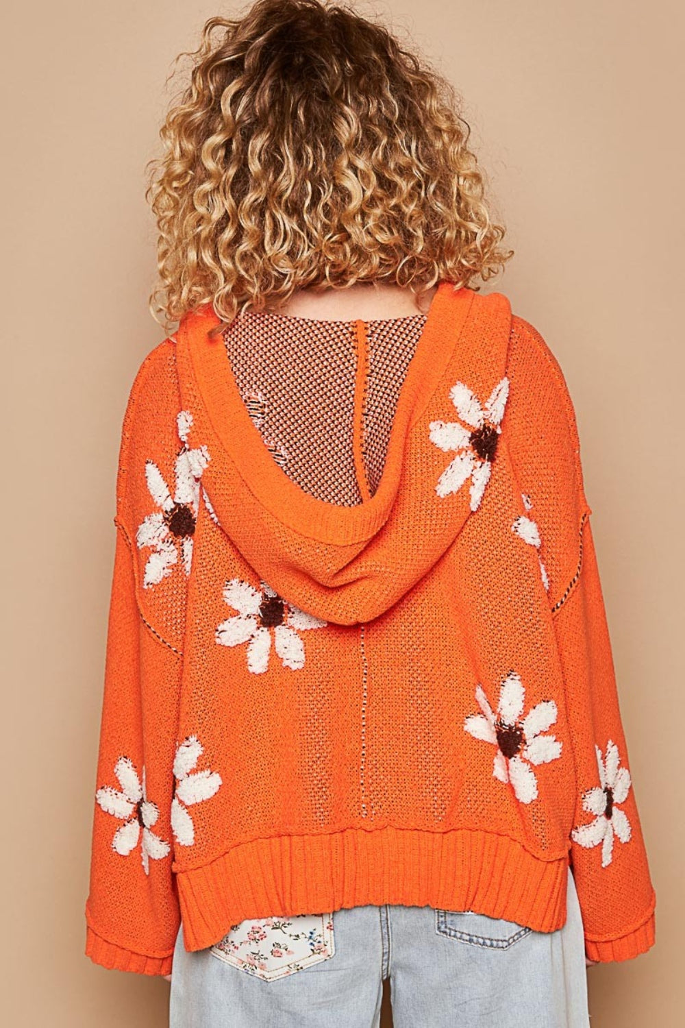 POL Floral Pattern Hooded High-Low Sweater In Orange