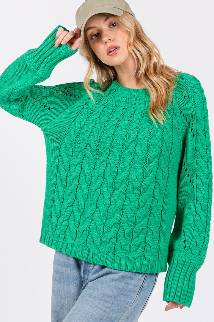 SAGE + FIG Cable-Knit Long Sleeve Sweater In Emerald