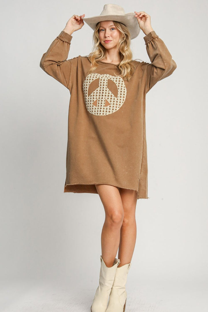 Umgee Peace Lace Applique Frayed Hem Mini Dress In Caramel