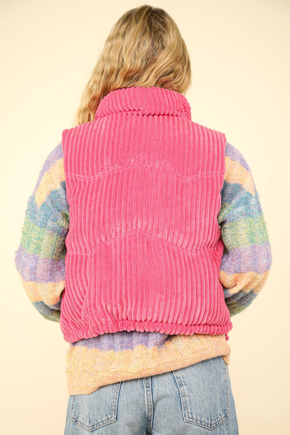 VERY J Zip Up Padded Corduroy Puffer Vest In PInk