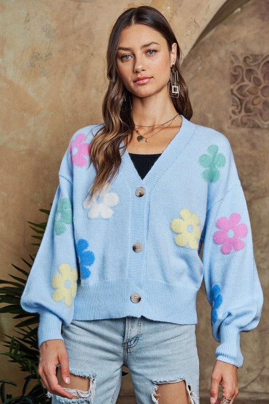 ADORA Flower Lantern Sleeve Cardigan In Lt Blue