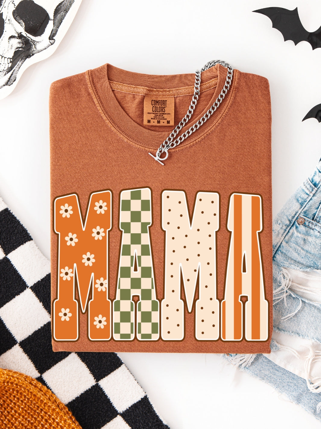 Retro MAMA Fall Floral Checkered Comfort Colors Graphic Tee