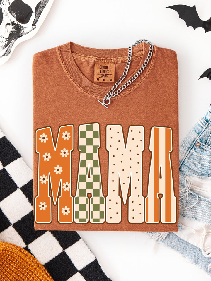 Retro MAMA Fall Floral Checkered Comfort Colors Graphic Tee