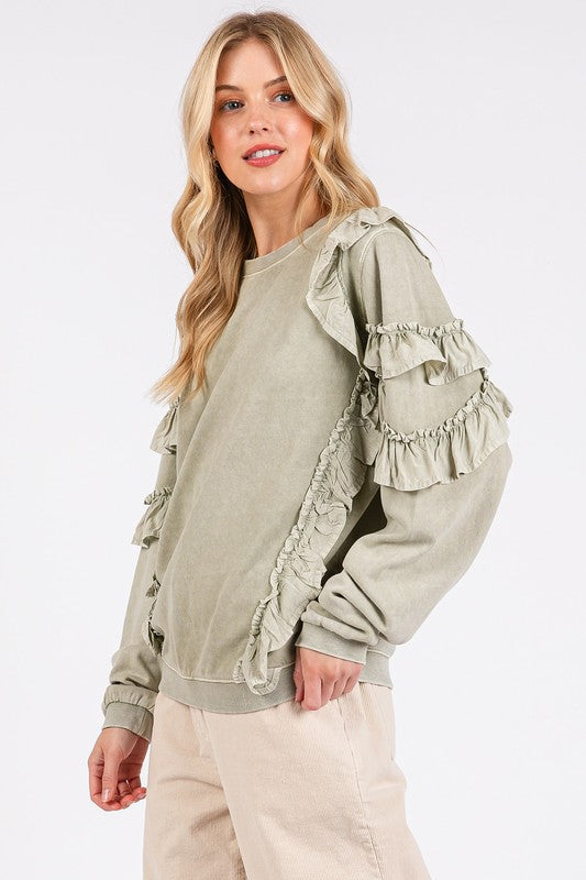 Mittoshop Ruffled Mineral Washed Sweatshirt In Sage