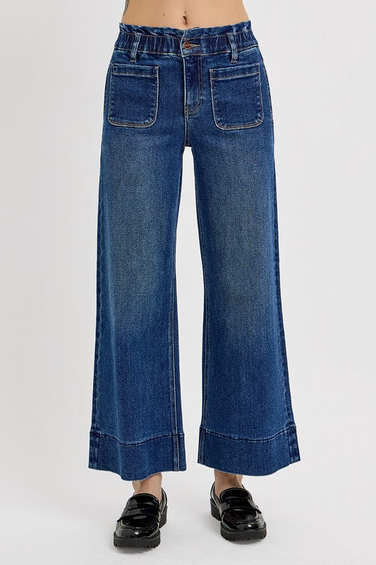 RISEN Elastic Band Wide Leg Jeans In Dark Wash