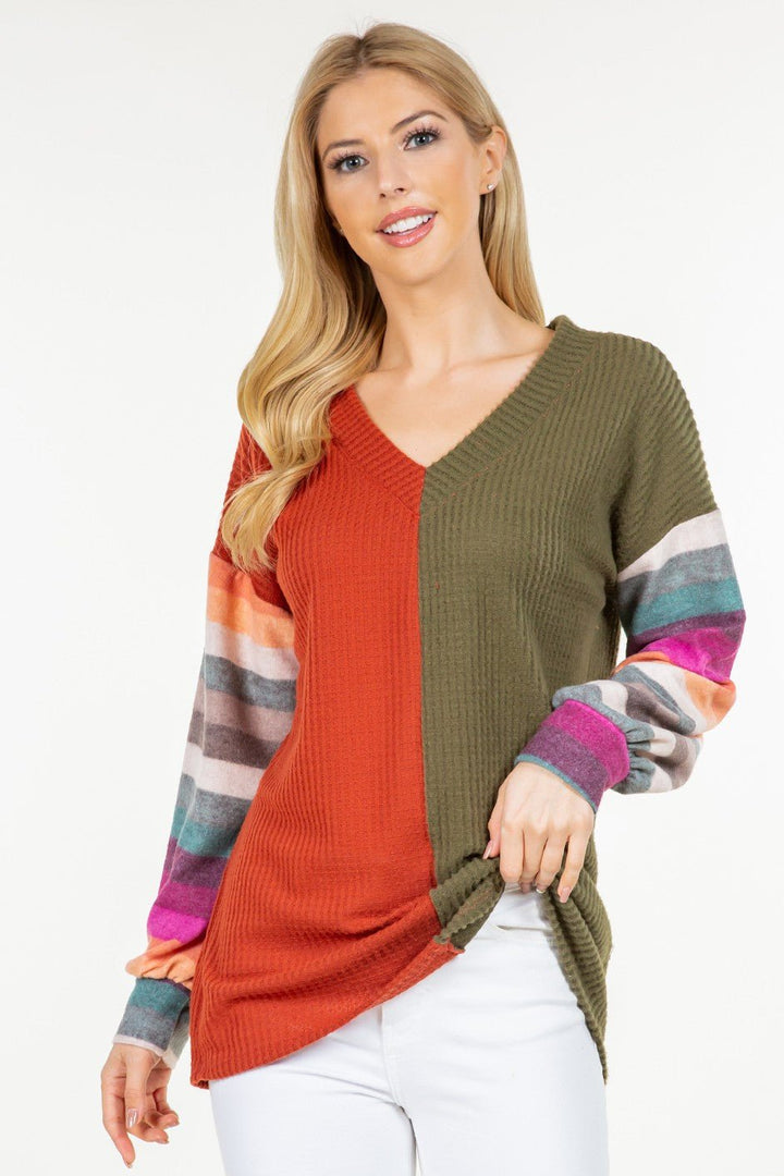 Celeste Striped V-Neck Blouse In Rust