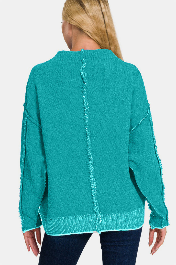 Zenana Exposed Seam Mock Neck Sweater In Teal