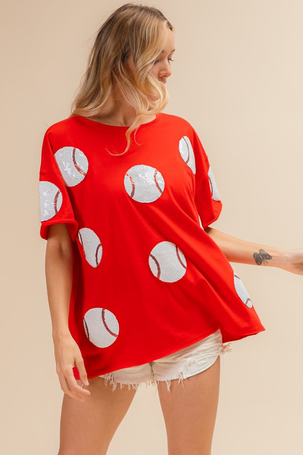 BiBi Sequin Baseball Drop Shoulder Short Sleeve Top In Red