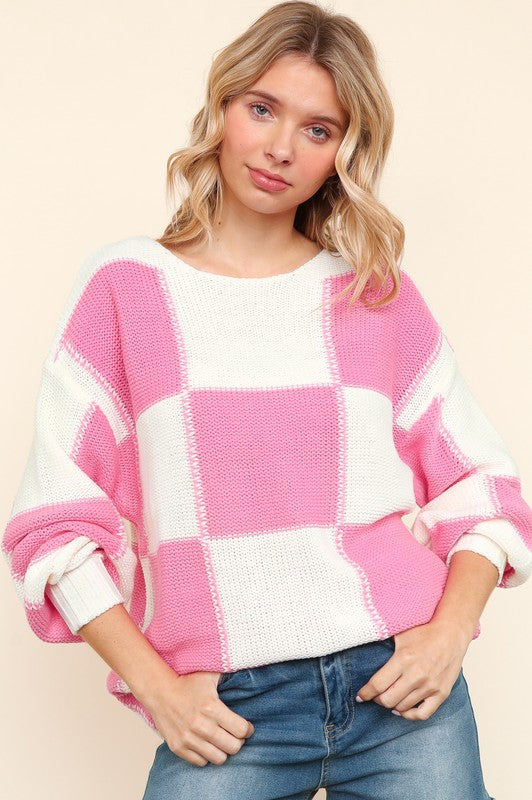 Haptics Checkered Drop Shoulder Sweater In Pink