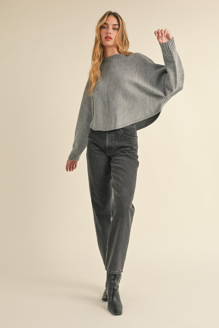 Mable Round Neck Dolman Sleeve Cropped Sweater In H Grey