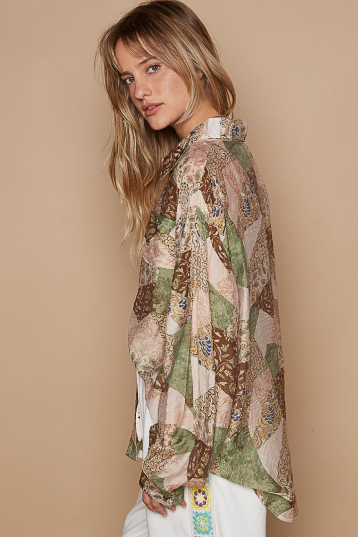 POL Button-Down Long Sleeve Printed Shirt