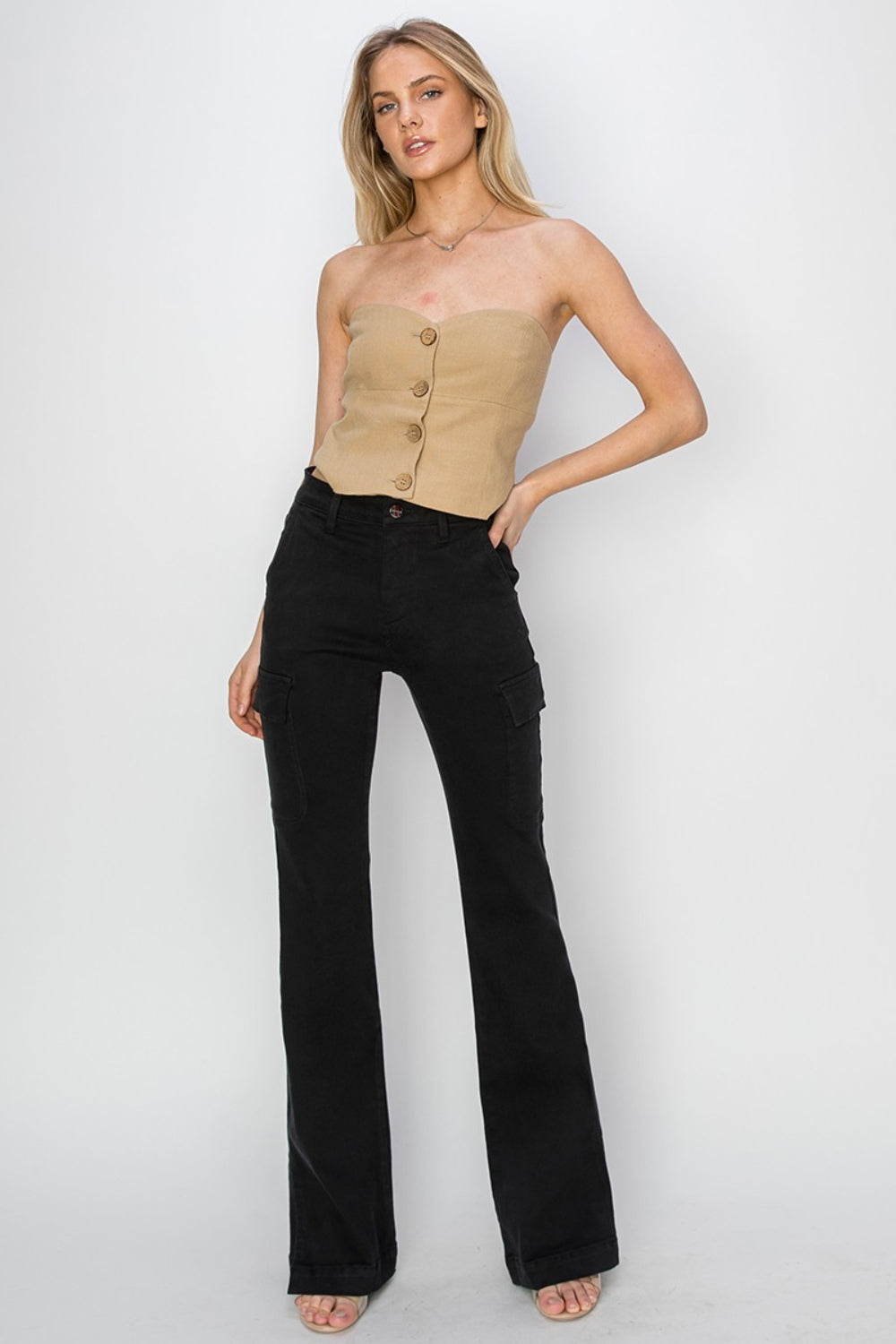 RISEN Maeve High Rise Side Slit Cargo Bootcut Jeans