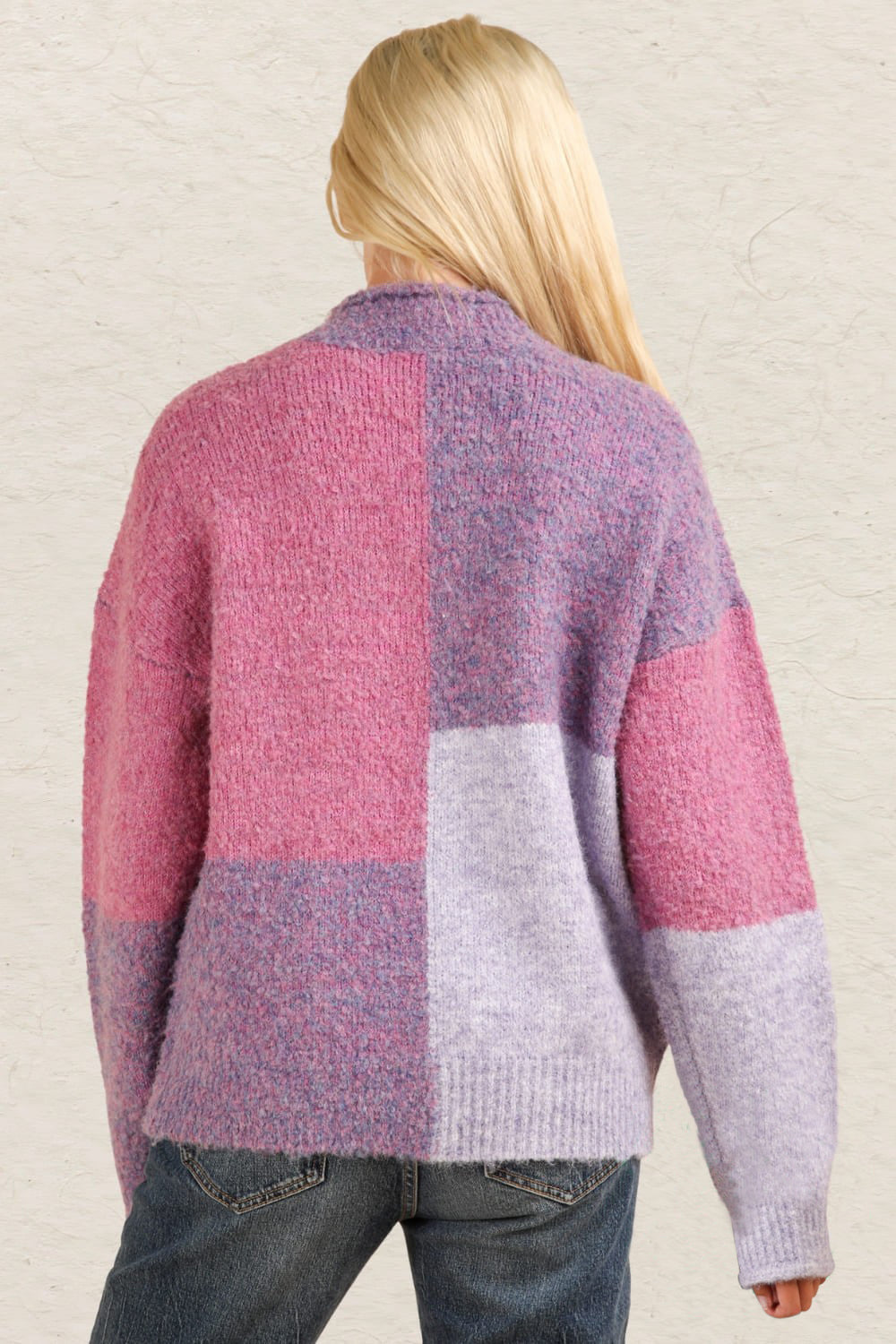 VERY J Color Block Mock Neck Drop Shoulder Sweater In Purple