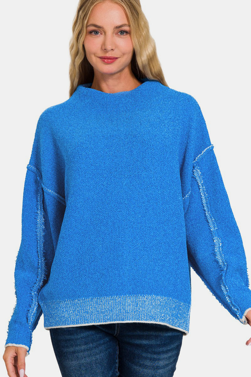 Zenana Exposed Seam Mock Neck Sweater In Ocean Blue