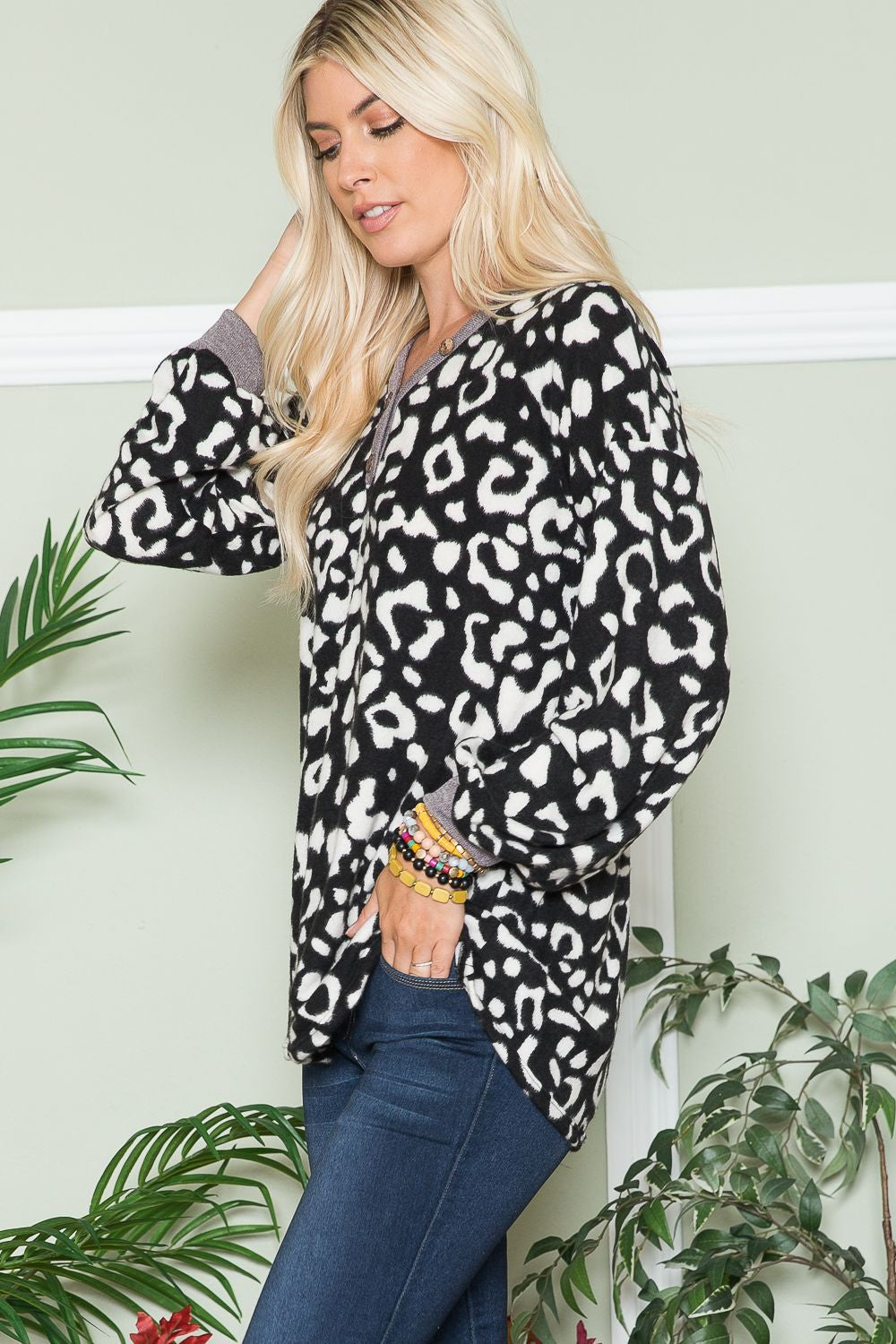 Leopard V-Neck Blouse In Black