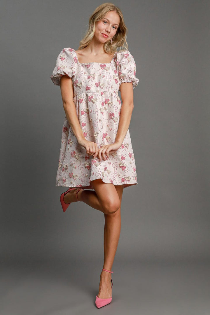 Umgee Heart Jacquard Puff Sleeve Mini Dress In Pink