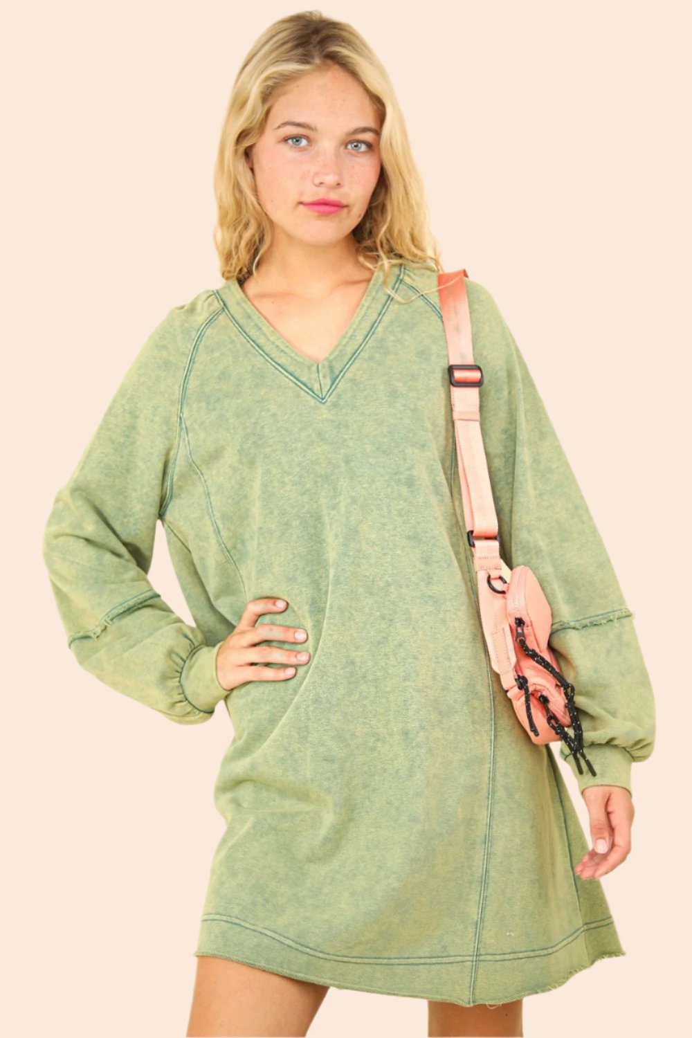 VERY J Mineral Washed Oversized A-Line Mini Dress In Forest