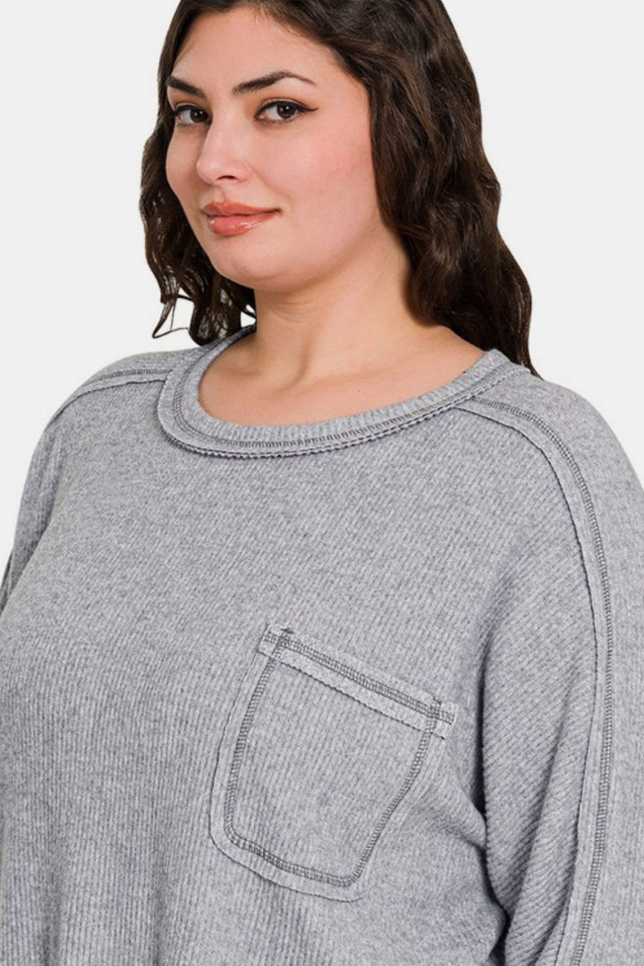 Zenana Brushed Ribbed Hacci Knit Top In Gray