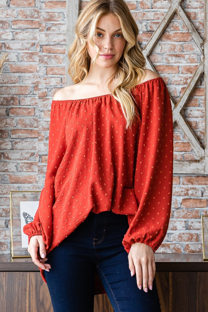 Heimish Swiss Dot Off Shoulder Top In Rust