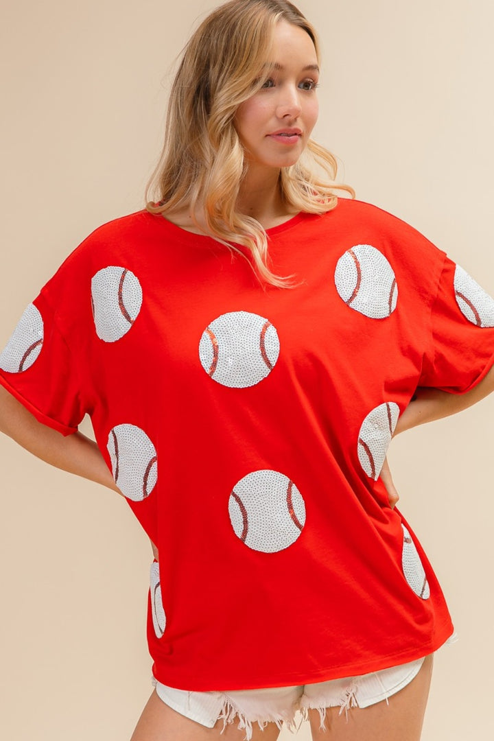 BiBi Sequin Baseball Drop Shoulder Short Sleeve Top In Red