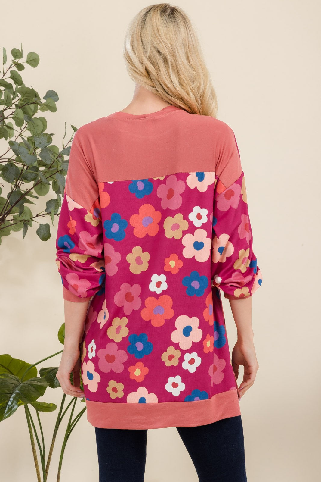 Celeste Side Slit Flower Print Top In Fuchsia