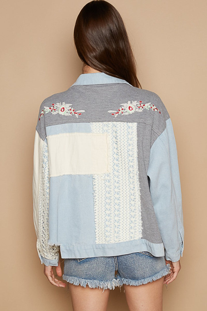 POL Raw Hem Crochet Embroidery Shacket with Chest Pockets In Denim