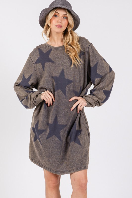 SAGE + FIG Washed Star Print Dress In Gray