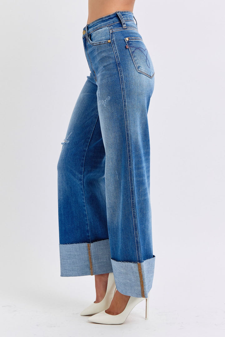 Judy Blue Daisy Distressed High Waist Wide Leg Jeans